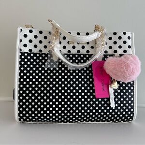 Betsey Johnson Black and White Polka Dot Tote with Pink Heart Charm